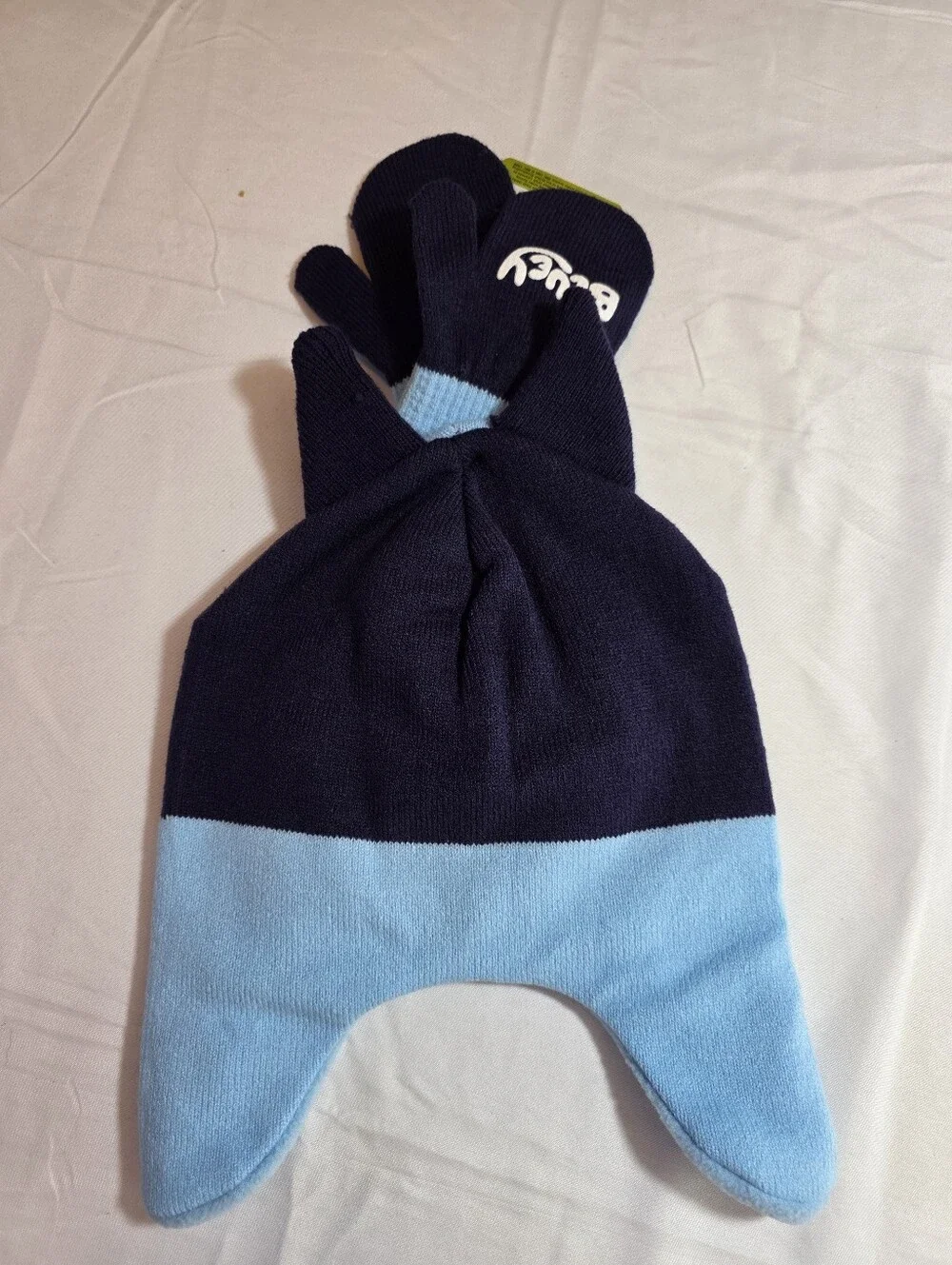 Bluey Kids Earflap Beanie Hat And Mittens Set Light Blue & Navy NWT